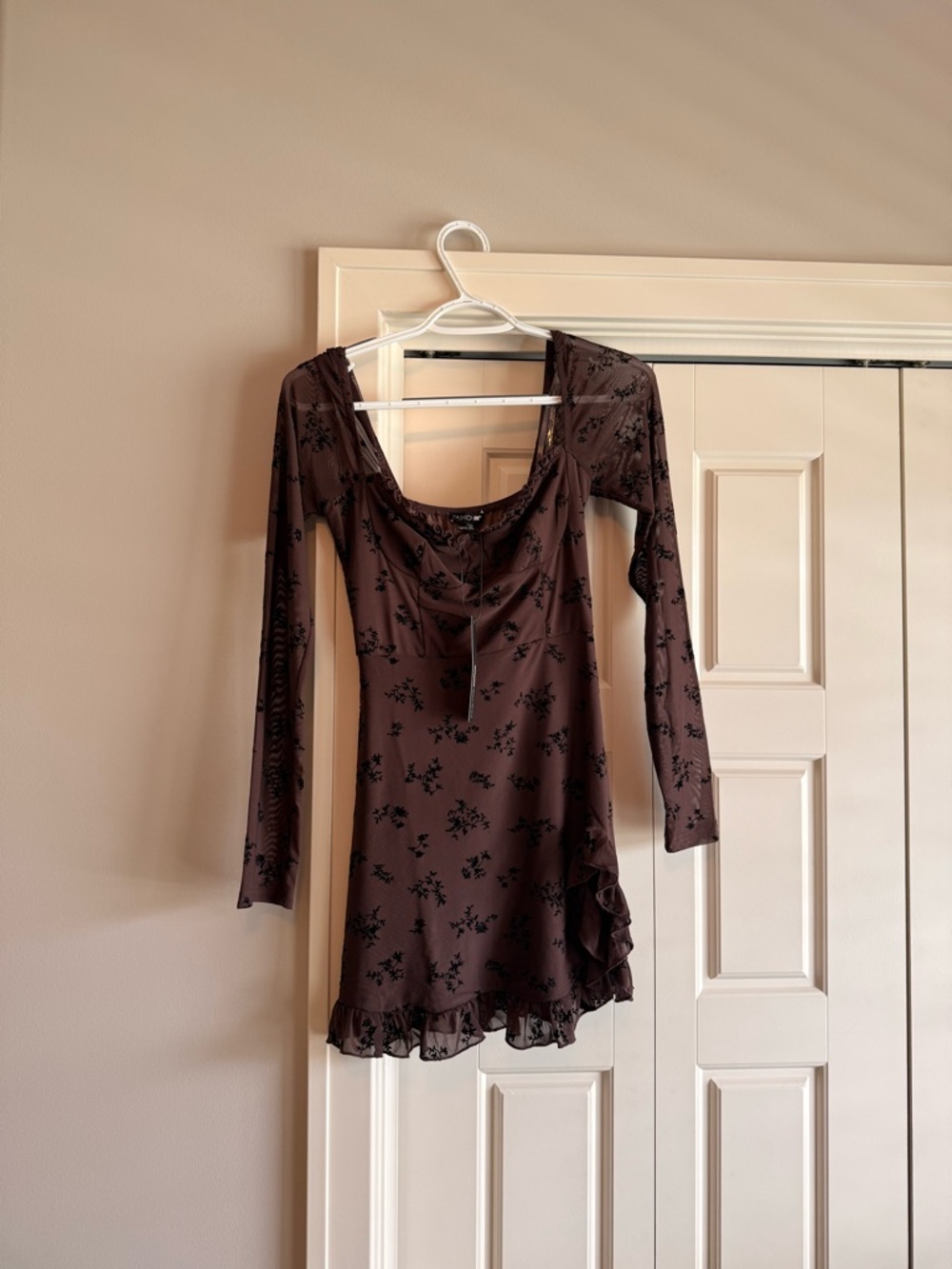 Fashion Nova Brown Floral Long Sleeve Ruffle Hem Dress